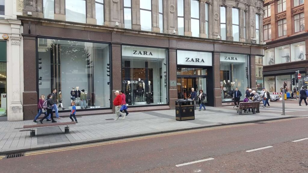 Photograph shows Front facade Zara Belfast City centre (part of Inditex Group) we were instructed to carry out a detailed Measured Survey as part of demolition stage to indicate the structure and services for the design team to use.